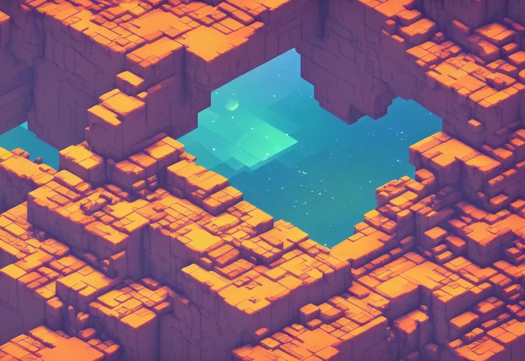 Image similar to isometric magicavoxel bottom of a canyon no mans sky cinematic lighting, 4k