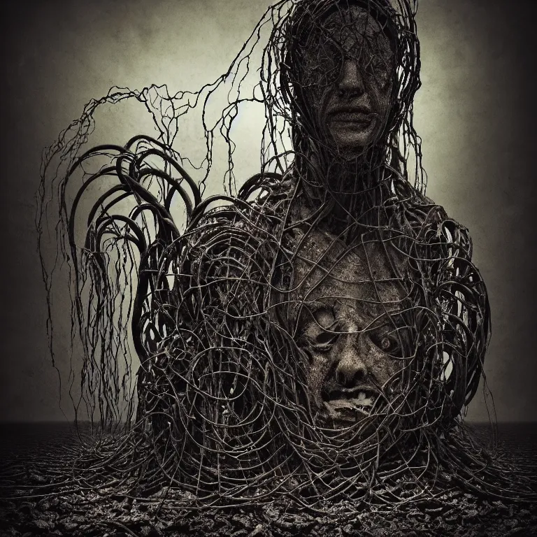 Image similar to still life of ribbed abandoned man faceless portrait, covered with roots, wires, tubes, standing in a desolate empty wasteland, creepy, nightmare, dream-like heavy atmosphere, surreal abandoned buildings, baroque painting, beautiful detailed intricate insanely detailed octane render trending on Artstation, 8K artistic photography, photorealistic, chiaroscuro, Raphael, Caravaggio, Beksinski, Giger