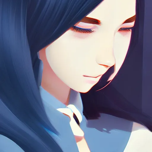 Image similar to urban high school girl in shirt fanart, dark blue long hair, muted colors, matte print, pastel colors, ornate, digital art, digital painting, fan art, elegant, artstation, by Ilya Kuvshinov