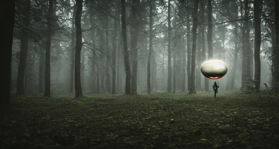 Prompt: a strange alien artifact in the middle if a beautiful forest, moody, atmospheric lighting, cinematic, 4 k