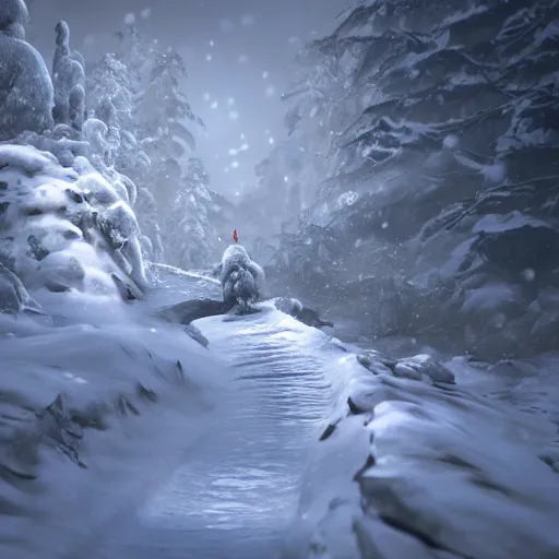 Image similar to a snow dragon on a path in a snowy montain. modern ultra realistic graphics and ray - tracing, atmosphere, depth of field, full of color, trending on artstation, ultra high detail, ultra realistic, cinematic, focused, 8 k