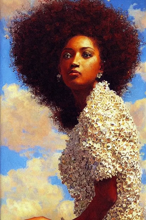 Image similar to close - up fashion afro woman portrait airy flowers cloudy sky art by vasnetsov