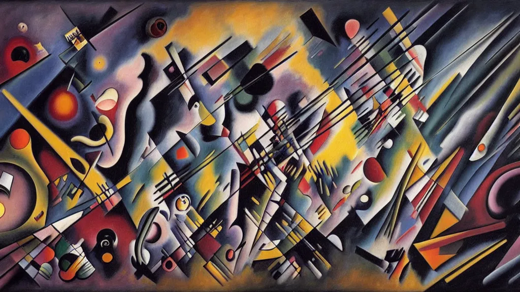 Prompt: Desperate clash of reality and surrealist absurd nightmare realm, abstract nightmare by Vasily Kandinsky, Thomas Bacon, and H.R. Giger, trending on ArtStation