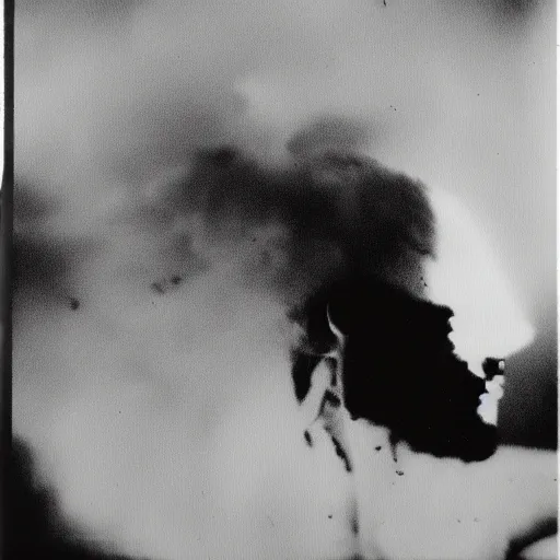 Image similar to low wide angle, old polaroid of a man being hit by a lighting strike in his head, black and white