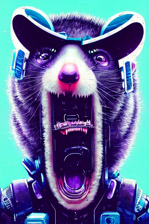 Image similar to a beautiful portrait of a cute cyberpunk opossum screaming by sandra chevrier and greg rutkowski and wlop, purple blue color scheme, high key lighting, volumetric light, digital art, highly detailed, fine detail, intricate, ornate, complex, octane render, unreal engine, photorealistic