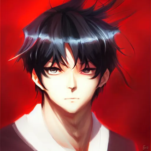 Image similar to anime portrait of a slick black hair guy with red eyes by stanley artgerm lau, wlop, rossdraws, james jean, andrei riabovitchev, marc simonetti, and sakimichan, trending on artstation