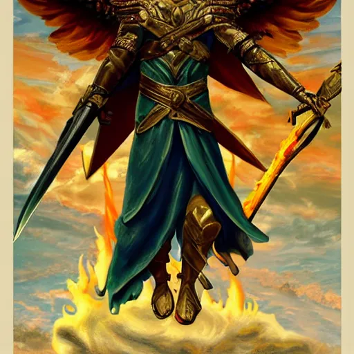 Image similar to biblically accurate angel, epic propaganda poster, holding a flaming sword, strength, health, confidence, in the style of magic the gathering cart art, hypermasculine, ancient soldier, flying in the sky, triumphant pose