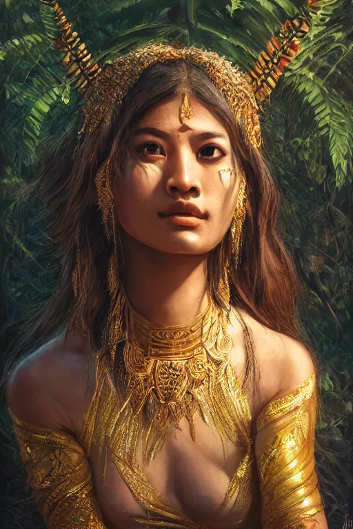 Image similar to stunningly beautiful, nepali dancer in jungle, symmetrical face, golden hour, smooth, focus, highly detailed, hyper realistic, dramatic lighting, elegant, intricate, concept art, art by wlop, mars ravelo, greg rutowski, artstation