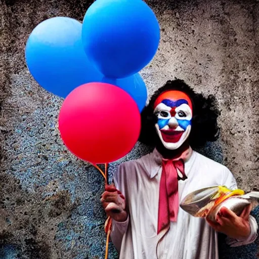 Prompt: realistic colorful beautiful cinematic epic image of a clown holding a blue ballon lost in a fair