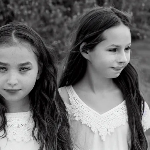 Image similar to 1 0 girls lined up of different ages from left to right, 5 0 mm lens, f 1. 4, sharp focus, ethereal, emotionally evoking, head in focus, volumetric lighting, blur dreamy outdoor,