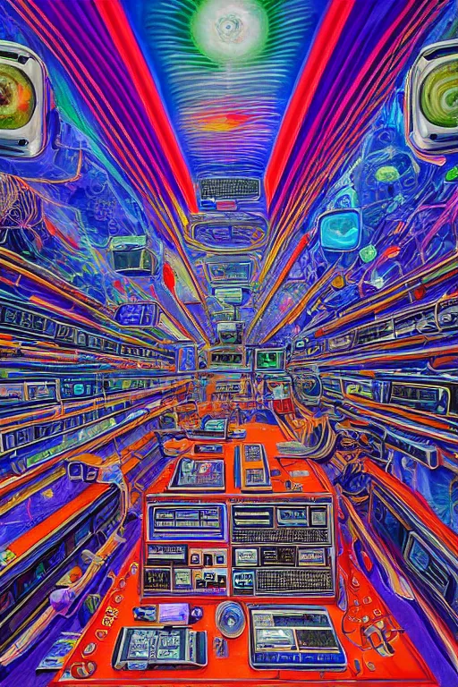 Prompt: a painting of the interior of an international space station filled with electronic equipment, an ultrafine detailed painting by alex grey, behance contest winner, psychedelic art, psychedelic, outlined art, poster art