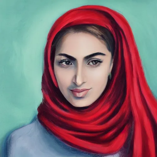 Prompt: A photorealistic portrait of an Iranian young woman with long blonde hair wearing a red scarf