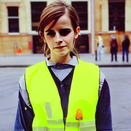 Prompt: photo, close up, emma watson in a hi vis vest, chewing tobacco, bulging lower lip, portrait, kodak gold 2 0 0,