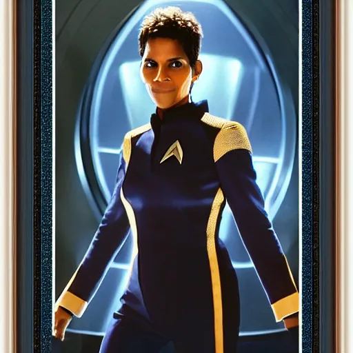 Image similar to a beautiful full body photograph of halle berry as a star fleet admiral from star trek next generation, full dress uniform, symmetrical face, extreme realism and detail, 8 k, completely framed, direct lighting, 3 5 mm photo, photorealistic, sharp focus