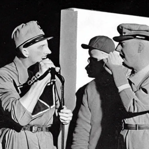 Image similar to 1 9 4 0 s photo of eminem having a rap battle with hitler on moon,