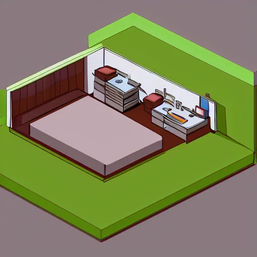Prompt: isometric view of a bedroom in the style of attack on titan