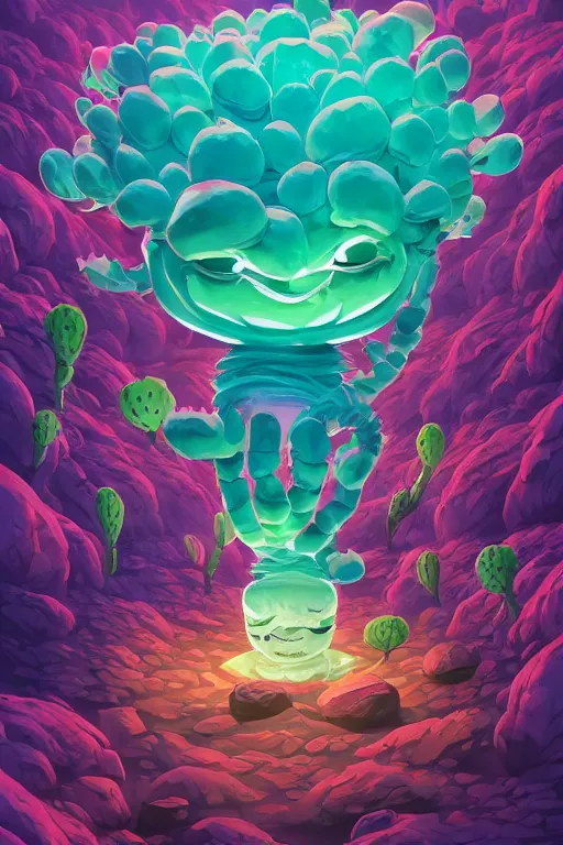 Image similar to roots cactus sushi cristal smurf ghost creature animal sushi cristal very big eye roots cactus elemental flush of force nature micro world fluo fishscale, behance hd by jesper ejsing, by rhads, makoto shinkai and lois van baarle, ilya kuvshinov, rossdraws radiating a glowing aura global illumination ray tracing hdr