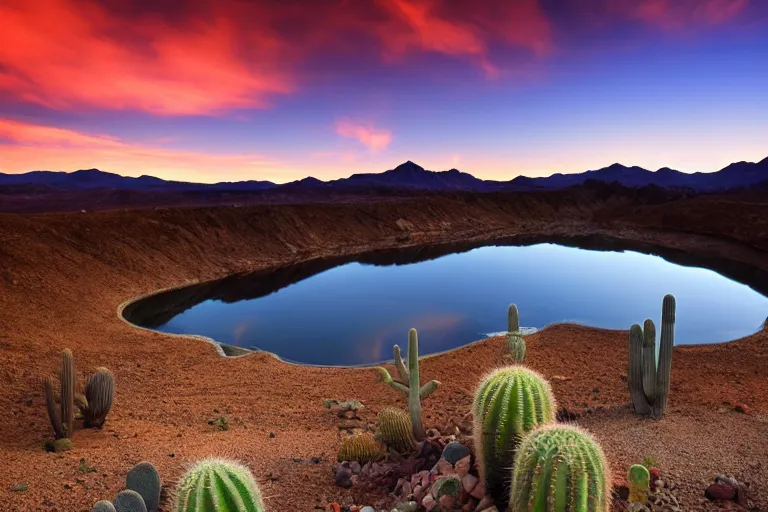 Image similar to beautiful landscape photography of an Arizona desert, lake, 1 cactus, nighttime