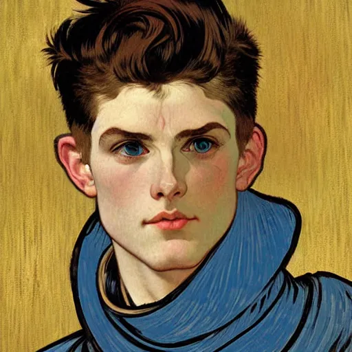 Prompt: portrait painting of young adult handsome human knight with short on the sides messy pompadour dark brown hair and blue eyes and strong jawline and small scar! under one eye named vidar, wearing armor!!, modest, masculine jawline!, squarish face shape, slightly round chin, art by alphonse mucha, vincent van gogh, egon schiele