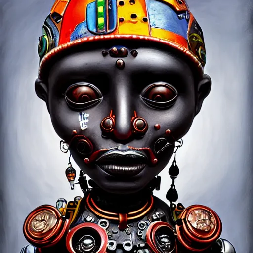 Prompt: wide - angle profile face portrait of a tin toy african cybernetic shaman doing cyberpunk! voodoo, nicoletta ceccoli, mark ryden, lostfish, max fleischer, hyper realistic, artstation, illustration, digital paint, matte paint, vivid colors, bright, cheerful, detailed and intricate environment