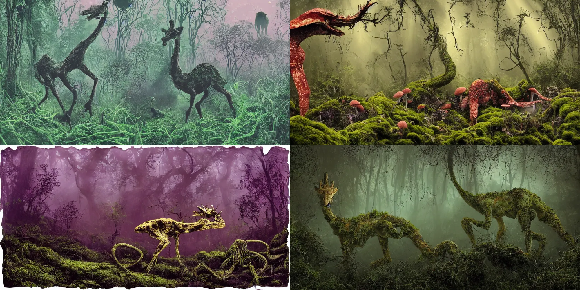 Prompt: organic mushroom lichen moss, giraffe spider dragon chimera monster, silhouette of a strange long legged creature foraging through the undergrowth, smoke fog and crepuscular rays, wet rain damp glistening, thick strands of mucus, alien planet, glowing eyes, salmon pink and gold and deep luscious green colour scheme, in the style of patrick woodroffe and hannah yata, photorealistic hyperdetail, dramatic lighting, volumetric lighting, digital art, 8k octane unreal render