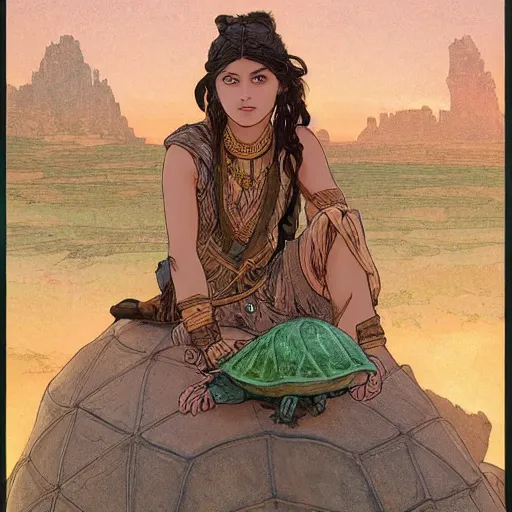 Prompt: a little warrior girl sitting on top of one giant turtle with a wise face that is walking in the desert. the girl has dark skin and beautiful green eyes, realistic full body and a very beautiful detailed symmetrical face with long black hair. diffuse light, dramatic sky and landscape, long shot fantasy illustration by mucha