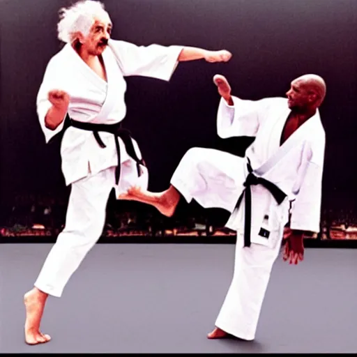 Image similar to albert einstein doing karate with mike tyson