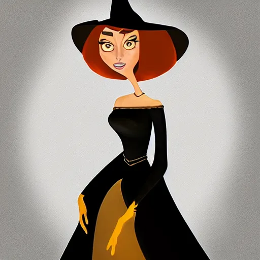 Image similar to portrait of a beautiful female witch in black and golden dress , digital painting , digital art , pixar style , Disney , instagram , trending on artstation