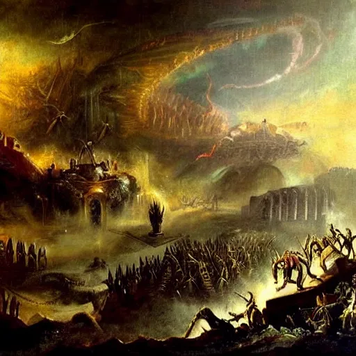 Image similar to alien invasion, fall of rome, epic painting