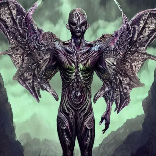 Image similar to 4K headshot of godlike Alien with defined arms and open hands and bloody clothes with giant mandala wings , intricate face , flawless anime cel animation by Kentaro Miura, psychedelic , highly detailed upper body , professionally post-processed , beautiful, scary, symmetry accurate features, epic, octane rendered, anime masterpiece, accurate by Craig Mullins, ilya kuvshinov, krenz cushart, epic , artgerm trending on artstation by Edward Hopper and Dan Mumford and WLOP and Rutkovsky, beksinski carl spitzweg moebius and tuomas kocar, intricate artwork by caravaggio, Unreal Engine 5, Lumen, Nanite