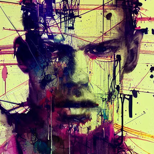 Image similar to man stealing the energy from another man, wires, cybernetic machines and decay moody hyperrealism 8 k photo atmospheric by jeremy mann francis bacon and agnes cecile ink drips paint smears digital glitches glitchart