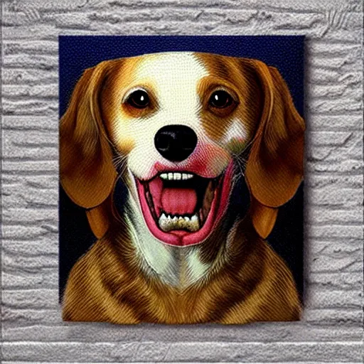 Prompt: dog smiling with human teeth, pointillism style, renaissance style, realistic canvas