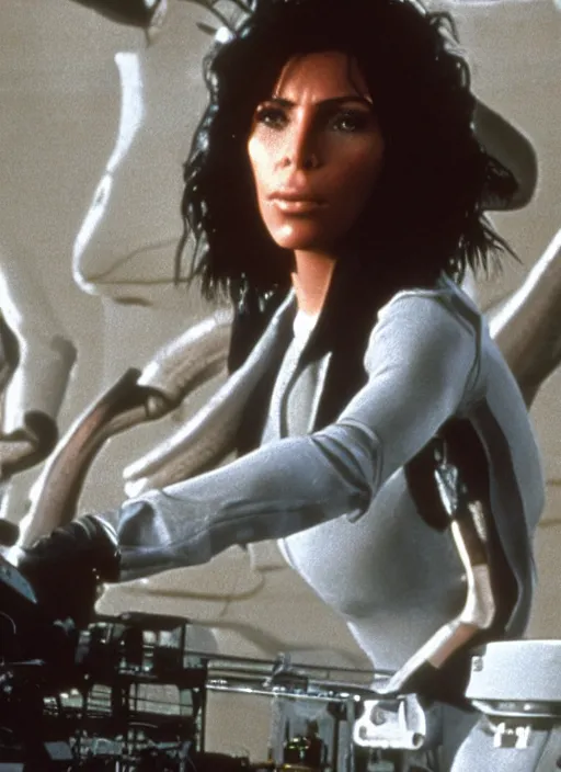 Prompt: film still of kim kardashian as Ellen Ripley in Alien,