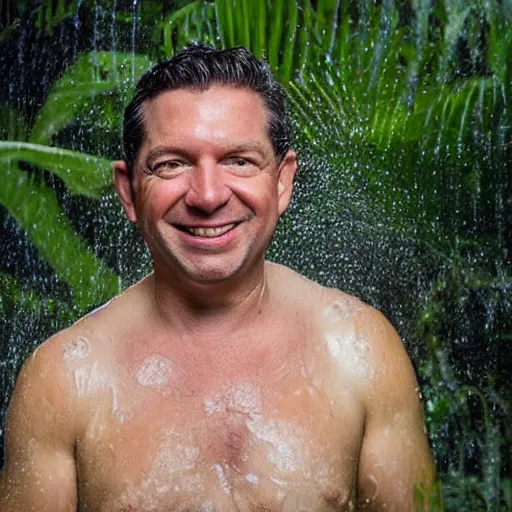 Image similar to 4 k hdr full body wide angle sony portrait of ron desantis in a tropical bali jungle shower with moody stormy overcast lighting