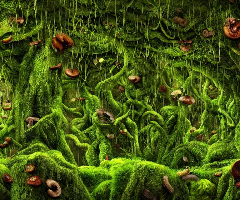 Prompt: a rainforest made of mushrooms, moss, and vines in the style of anti - art trending on artstation deviantart pinterest detailed high resolution hd 8 k