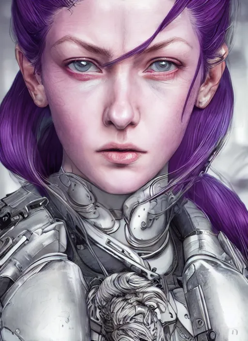 Image similar to close up portrait of a pale woman in power armor with purple ponytail hair, elegant, stoic, intense, ultrafine hyperdetailed illustration by kim jung gi, irakli nadar, intricate linework, sharp focus, bright colors, octopath traveler, yoji shinkawa, highly rendered, global illumination, radiant light, detailed, intricate environment