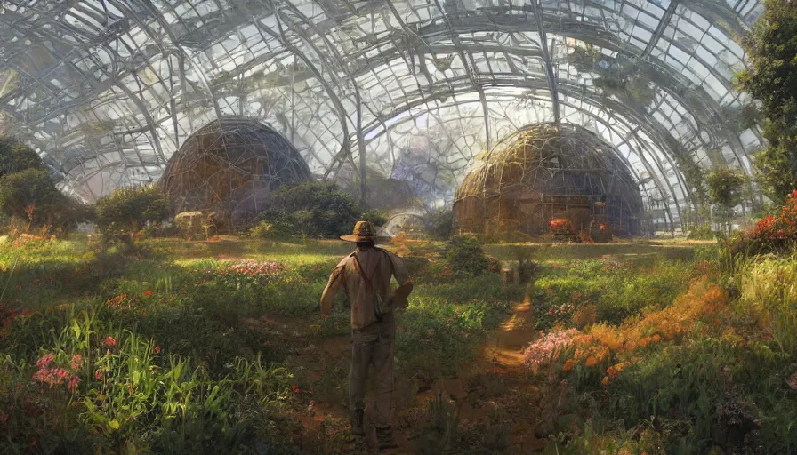 Image similar to craig mullins and ghibli digital illustration of the interior of the largest biodome in the world, fields of crops, farms, colorful, unreal engine, hyper realism, realistic shading, cinematic composition, realistic render, octane render, detailed textures, photorealistic, wide shot,