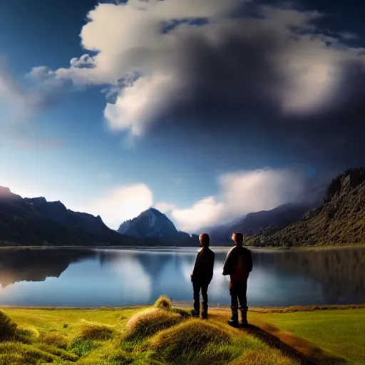 Prompt: beautiful render of a landscape, unreal engine, first light, majestic mountains, lake, lush grass, dramatic clouds, hunters standing with their backs turned, soft light with a black bar of text on top of the image saying wow