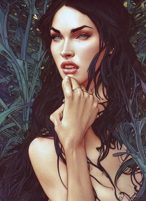 Image similar to megan fox kissing olivia wild. beautiful detailed face. by artgerm and greg rutkowski and alphonse mucha