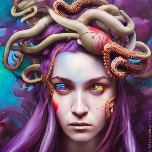 Image similar to art portrait of a furious girl with purple tentacles on her head,8k,by tristan eaton, Stanley Artgermm,Tom Bagshaw,Greg Rutkowski,Carne Griffiths,trending on DeviantArt, face enhance,hyper detailed ,full of colour,