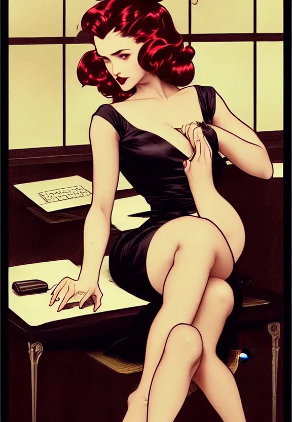 Prompt: A femme fatale sitting at the desk of a small 50’s style private detective’s office, fantasy magic, dark pin-up style hair, dark light night, intricate, elegant, sharp focus, illustration, highly detailed, digital painting, concept art, matte, art by WLOP and Artgerm and Greg Rutkowski and Alphonse Mucha, masterpiece