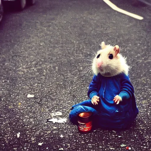 Prompt: “ hamster dressed as a homeless person sitting at an intersection with arms stretched out holding a tin can, trash on ground, sad atmosphere ”