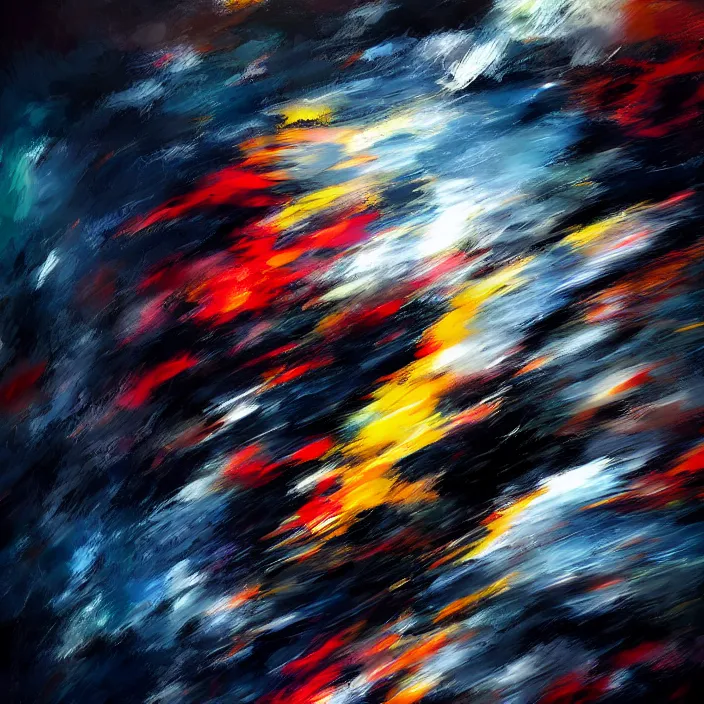 Image similar to abstract, a thin, fit man's body explodes in abstract, thick flowing dramatic brush strokes, strong wind, black background, matte colors, impressionist, extreme motion, trending on artstation