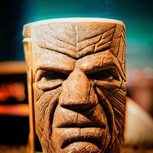 Image similar to a closeup photorealistic photograph of ben grimm's face on a tiki mug at trader vic's beach bar. fantastic four. tiki culture. bright scene. fine detail. this 4 k hd image is trending on artstation, featured on behance, well - rendered, extra crisp, features intricate detail, epic composition and the style of unreal engine.