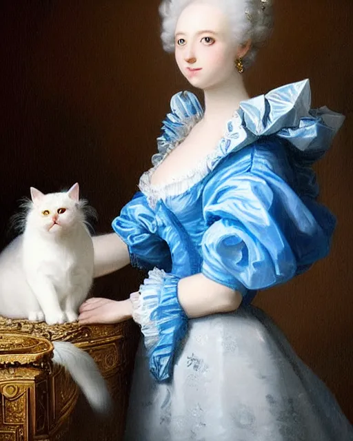 Image similar to cute white cat with blue eyes wearing a frilly blue silk dress, baroque rococo fashion, joseph ducreux, greg rutkowski, royal portrait, luxurious, opulent, regal