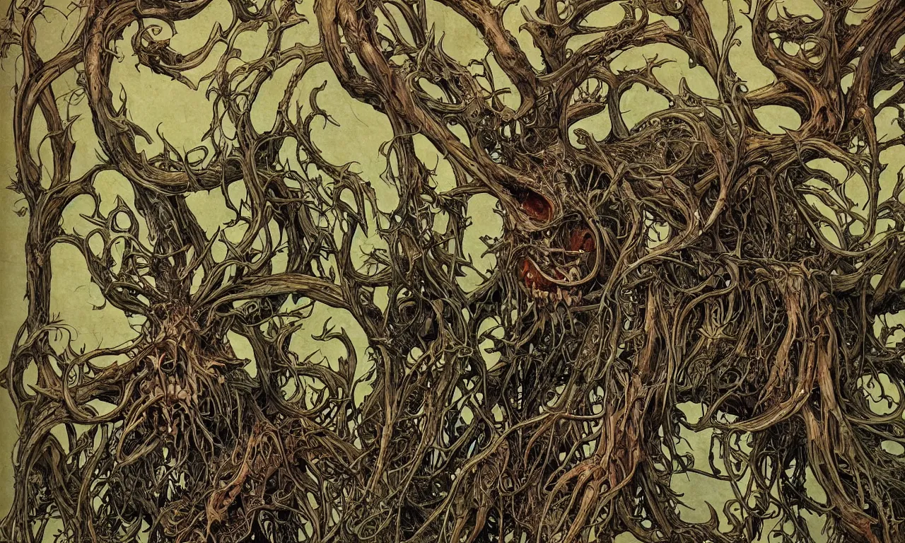 Image similar to hyperdetailed art nouveau portrait of treebeard as a cthulhu eyeball moose skull wendigo cryptid monster, by geof darrow, simon bisley and bill sienkiewicz, grim yet sparkling atmosphere, photorealism, claws, skeleton, antlers, fangs, forest, wild, crazy, horror, lynn varley, lovern kindzierski, steve oliff