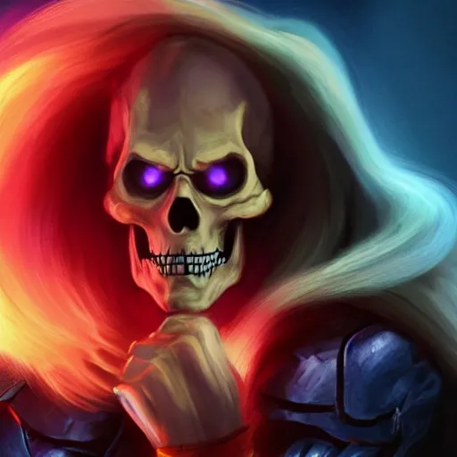 Prompt: skeletor with donald trump hair sitting in front of the computer in a darkened room