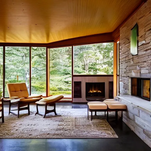 Image similar to mid century sunken living room, fireplace, big windows, frank lloyd wright