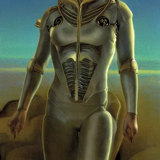 Image similar to masterpiece full body portrait of Ripley with a perfect body and transparent suit on Dune, by Edgar Maxence and Ross Tran and Michael Whelan and Gustav Klimpt