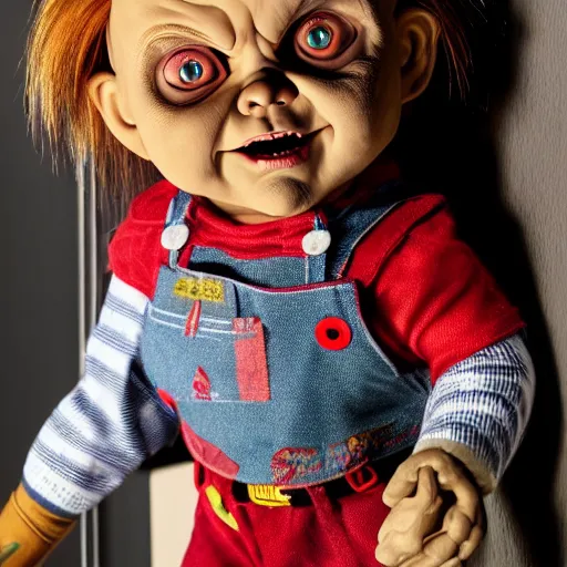 Prompt: Chucky the killer doll sitting in a dark closet with a little light shining in 8k hdr scary lighting